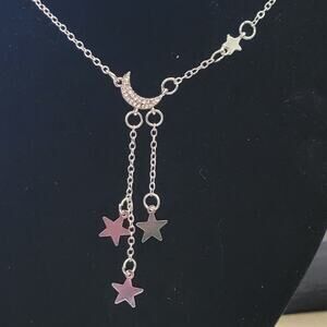 Stars and crystal studded moon asymmetrical lariat necklace